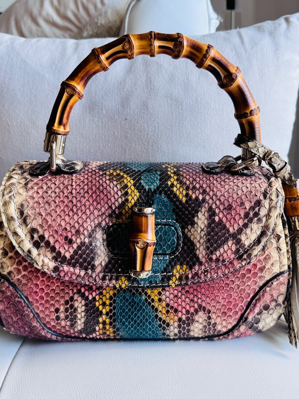 Women’s Python-Print Bamboo Handle Satchel in Pink, Blue & Yellow
